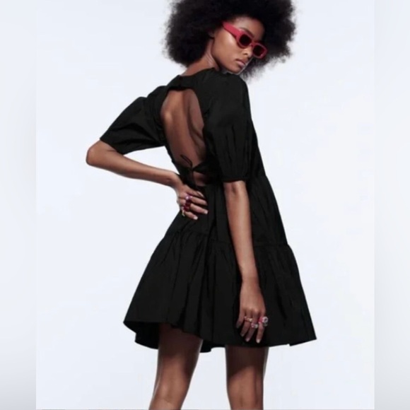 Zara Dresses & Skirts - Zara Black Puff Sleeve Tiered Poplin Tie Detail Open Back Mini Dress Size Small